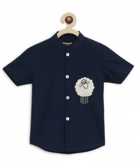 Boy Sheep Embroidered Cotton Shirt - Blue